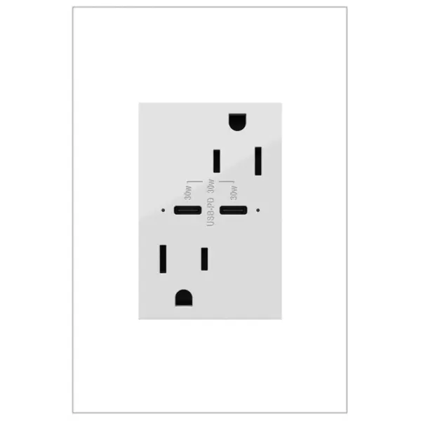 Charge phones, tablets and more up to 40% faster, with Ultra-Fast USB Outlets from the adorne Collection. Made to deliver a leading 6 amps of power, it provides a fast, future-proof solution for convenient in-wall charging without an adapter. Easily replacing traditional outlets in as little as ten minutes, this Ultra-Fast USB Outlet transforms your space with modern functionality and the unique, contemporary aesthetic of adorne. Made exclusively for use with screwless Wall Plates from the adorne Collection, sold separately. Collection: adorne Finish: White Width: 2.50" Height: 3.00" Length: 1.77" Weight: 0.20 lb Material: Polycarbonate Country of Origin: China Manufacturer Warranty: Limited Lifetime