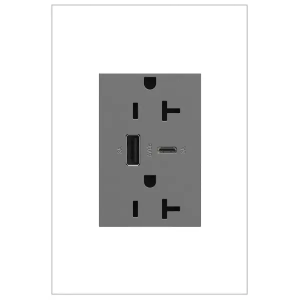 Charge phones, tablets and more up to 40% faster, with Ultra-Fast USB Outlets from the adorne Collection. Made to deliver a leading 6 amps of power, it features two built-in USB connections, including one to fit USB Type-C devices, and provides a fast, future-proof solution for convenient in-wall charging without an adapter. Easily replacing traditional outlets in as little as ten minutes, this Ultra-Fast USB Outlet transforms your space with modern functionality and the unique, contemporary aesthetic of adorne. Made exclusively for use with screwless Wall Plates from the adorne Collection, sold separately. Collection: adorne Finish: Magnesium Width: 2.50" Height: 3.00" Length: 1.77" Weight: 0.30 lb Voltage: 125.00 V Material: Polycarbonate Country of Origin: China Manufacturer Warranty: Limited Lifetime