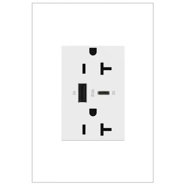 Charge phones, tablets and more up to 40% faster, with Ultra-Fast USB Outlets from the adorne Collection. Made to deliver a leading 6 amps of power, it features two built-in USB connections, including one to fit USB Type-C devices, and provides a fast, future-proof solution for convenient in-wall charging without an adapter. Easily replacing traditional outlets in as little as ten minutes, this Ultra-Fast USB Outlet transforms your space with modern functionality and the unique, contemporary aesthetic of adorne. Made exclusively for use with screwless Wall Plates from the adorne Collection, sold separately. Collection: adorne Finish: White Width: 2.50" Height: 3.00" Length: 1.77" Weight: 0.30 lb Voltage: 125.00 V Material: Polycarbonate Country of Origin: China Manufacturer Warranty: Limited Lifetime