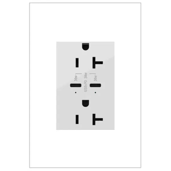 Charge phones, tablets and more up to 40% faster, with Ultra-Fast USB Outlets from the adorne Collection. Made to deliver a leading 6 amps of power, it provides a fast, future-proof solution for convenient in-wall charging without an adapter. Easily replacing traditional outlets in as little as ten minutes, this Ultra-Fast USB Outlet transforms your space with modern functionality and the unique, contemporary aesthetic of adorne. Made exclusively for use with screwless Wall Plates from the adorne Collection, sold separately. Collection: adorne Finish: White Width: 2.50" Height: 3.00" Length: 1.77" Weight: 0.30 lb Material: Polycarbonate Country of Origin: China Manufacturer Warranty: Limited Lifetime