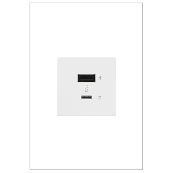 Charge phones, tablets and more up to 40% faster, with Ultra-Fast USB Outlets from the adorne Collection. Made to deliver a leading 6 amps of power, it features two built-in USB connections, including one to fit USB Type-C devices, and provides a fast, future-proof solution for convenient in-wall charging without an adapter. Easily replacing traditional outlets in as little as ten minutes, this Ultra-Fast USB Outlet transforms your space with modern functionality and the unique, contemporary aesthetic of adorne. Made exclusively for use with screwless Wall Plates from the adorne Collection, sold separately. Collection: adorne Finish: White Width: 1.77" Height: 2.65" Length: 1.70" Weight: 0.20 lb Voltage: 125.00 V Material: Polycarbonate Country of Origin: China Manufacturer Warranty: Limited Lifetime