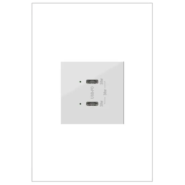 Charge phones, tablets and more up to 40% faster, with Ultra-Fast USB Outlets from the adorne Collection. Made to deliver a leading 6 amps of power, it provides a fast, future-proof solution for convenient in-wall charging without an adapter. Easily replacing traditional outlets in as little as ten minutes, this Ultra-Fast USB Outlet transforms your space with modern functionality and the unique, contemporary aesthetic of adorne. Made exclusively for use with screwless Wall Plates from the adorne Collection, sold separately. Collection: adorne Finish: White Width: 1.77" Height: 2.65" Length: 1.70" Weight: 0.20 lb Material: Polycarbonate Country of Origin: China Connection: USB Type C/C Manufacturer Warranty: Limited Lifetime