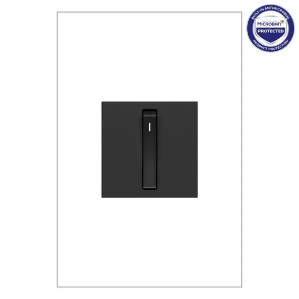 Control your lights with a soft, fluid motion using this modern light switch.This switch features enduring Microban antimicrobial technology that works to reduce the growth of bacteria, around the clock, for the lifespan of the product. Existing inventory of switches, dimmers and plastic wall plates from the adorne Collection at some partner locations may not yet include Microban protection. To confirm that a specific Legrand product is protected with Microban, check that the exterior of the product packaging includes a green dot or a ""Protected with Microban"" label.Made exclusively for use with screwless Wall Plates from the adorne Collection, sold separately.No antimicrobial efficacy claims are being made or are valid with respect to products sold in Canada. Collection: adorne Finish: Graphite Width: 1.77" Height: 1.77" Length: 1.63" Weight: 0.20 lb Country of Origin: China