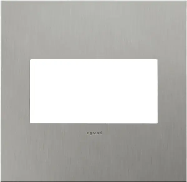Crafted with real cast metal, this is the coolest contemporary accent to any stylish kitchen or bath. A 4-Gang Wall Plate, it is perfectly sized to fit any combination of up to four standard-sized adorne devices, or up to eight half-sized adorne designer switches and outlets. Collection: adorne Finish: Brushed Stainless Steel Notes: Brushed Ss 2 Gang Wp Width: 5.29" Height: 5.13" Length: 0.35" Weight: 1.08 lb Extension from Wall: 1.19" Bulb Type: tbn Material: Cast Metals Country of Origin: Mexico Connection: Screwless Manufacturer Warranty: Limited Lifetime