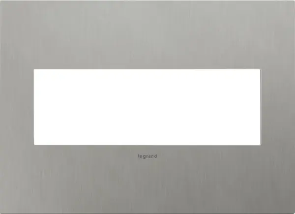 Crafted with real cast metal, this is the coolest contemporary accent to any stylish kitchen or bath. A 4-Gang Wall Plate, it is perfectly sized to fit any combination of up to four standard-sized adorne devices, or up to eight half-sized adorne designer switches and outlets. Collection: adorne Finish: Brushed Stainless Steel Notes: Brushed Ss 3 Gang Wp Width: 7.06" Height: 5.13" Length: 0.35" Weight: 1.40 lb Extension from Wall: 1.19" Bulb Type: tbn Material: Cast Metals Country of Origin: Mexico Connection: Screwless Manufacturer Warranty: Limited Lifetime