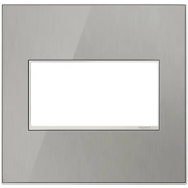 Stainless surface with satin nickel frame, for a trendy industrial touch that€s also sophisticated. A 1-Gang Wall Plate, it is perfectly sized to fit a standard-sized adorne device, or any combination of two half-sized adorne designer switches or outlets. Collection: adorne Finish: Brushed Stainless Notes: Brushed Stainless 2 Gang Wp Width: 5.29" Height: 5.13" Length: 0.35" Weight: 0.76 lb Extension from Wall: 1.19" Bulb Type: tbn Material: Real Materials Country of Origin: Mexico Connection: Screwless Manufacturer Warranty: Limited Lifetime