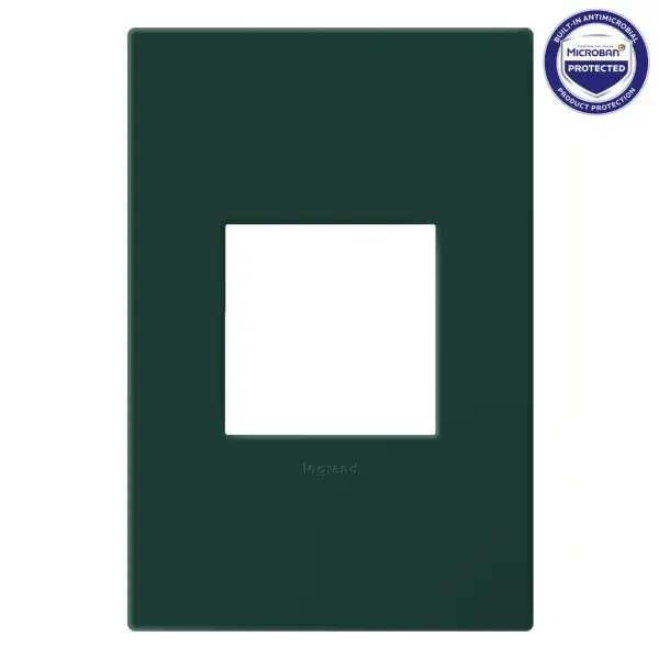A refined and enchanting hue that blends perfectly with eclectic and sophisticated decor. Made exclusively for use with designer switches and outlets from the adorne Collection. This wall plate features enduring Microban antimicrobial technology that works to reduce the growth of bacteria, around the clock, for the lifespan of the product. No antimicrobial efficacy claims are being made or are valid with respect to products sold in Canada. Collection: adorne Finish: Evergreen Width: 3.45" Height: 5.13" Length: 0.35" Weight: 0.32 lb Country of Origin: Mexico