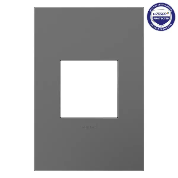 Pair with devices in the same Magnesium finish for a stunning monochromatic statement. Made exclusively for use with designer switches and outlets from the adorne Collection.This wall plate features enduring Microban antimicrobial technology that works to reduce the growth of bacteria, around the clock, for the lifespan of the product. Existing inventory of switches, dimmers and plastic wall plates from the adorne Collection at some partner locations may not yet include Microban protection. To confirm that a specific Legrand product is protected with Microban, check that the exterior of the product packaging includes a green dot or a ""Protected with Microban"" label.No antimicrobial efficacy claims are being made or are valid with respect to products sold in Canada. Collection: adorne Finish: Magnesium Width: 3.45" Height: 5.13" Length: 0.35" Weight: 0.29 lb Extension from Wall: 0.35" Material: Polycarbonate Country of Origin: Mexico Connection: Screwless Manufacturer Warranty: Limited Lifetime