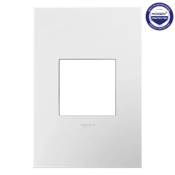 Ideal for all-white projects wanting a look that is bright and clean, with a hint of added sheen. Made exclusively for use with designer switches and outlets from the adorne Collection.This wall plate features enduring Microban antimicrobial technology that works to reduce the growth of bacteria, around the clock, for the lifespan of the product. Existing inventory of switches, dimmers and plastic wall plates from the adorne Collection at some partner locations may not yet include Microban protection. To confirm that a specific Legrand product is protected with Microban, check that the exterior of the product packaging includes a green dot or a ""Protected with Microban"" label.No antimicrobial efficacy claims are being made or are valid with respect to products sold in Canada. Collection: adorne Finish: Gloss White on White Width: 3.45" Height: 5.13" Length: 0.35" Weight: 0.35 lb Extension from Wall: 0.35" Material: Polycarbonate Country of Origin: Mexico Connection: Screwless Manufacturer Warranty: Limited Lifetime