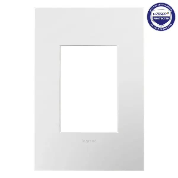 Crisp and clean, this is an update on the quintessential neutral. Made exclusively for use with designer switches and outlets from the adorne Collection.This wall plate features enduring Microban antimicrobial technology that works to reduce the growth of bacteria, around the clock, for the lifespan of the product. Existing inventory of switches, dimmers and plastic wall plates from the adorne Collection at some partner locations may not yet include Microban protection. To confirm that a specific Legrand product is protected with Microban, check that the exterior of the product packaging includes a green dot or a ""Protected with Microban"" label.No antimicrobial efficacy claims are being made or are valid with respect to products sold in Canada. Collection: adorne Finish: Powder White Width: 3.45" Height: 5.13" Length: 0.35" Weight: 0.53 lb Extension from Wall: 0.35" Material: Polycarbonate Country of Origin: Mexico Connection: Screwless Manufacturer Warranty: Limited Lifetime