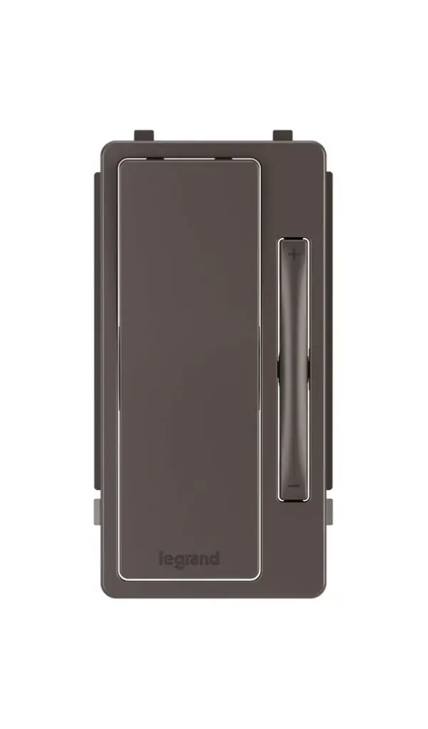 Giving your space a makeover? Easily update the look of your radiant Multi-Location Remote Dimmer with an interchangeable face covers which snap right into place.Color options include: Brown, Black, Dark Bronze, Gray, Ivory, Light Almond, Nickel and White.Made exclusively for use with screwless Wall Plates from the radiant Collection, sold separately. Collection: radiant Finish: Brown Width: 1.30" Height: 2.63" Weight: 0.05 lb Country of Origin: China