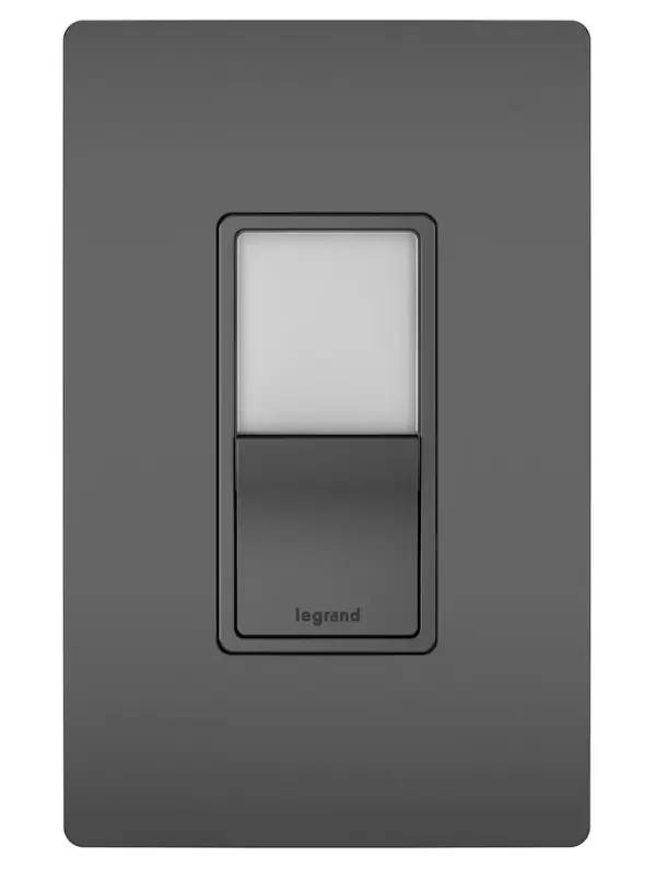 Add the convenience of a little extra light, wherever your home needs it, with this combination switch and built-in night light from the radiant Collection. Easily replacing an existing single-pole or 3-way switch, the night light portion has five adjustable light levels and uses a hidden sensor to turn on when it is dark, making it a great addition to bathrooms, kitchens and nurseries. Features the sleek, clean lines of radiant for a sophisticated touch.Made exclusively for use with screwless Wall Plates from the radiant Collection, sold separately. Collection: radiant Finish: Black Width: 1.29" Height: 4.20" Length: 1.30" Weight: 0.30 lb Country of Origin: China