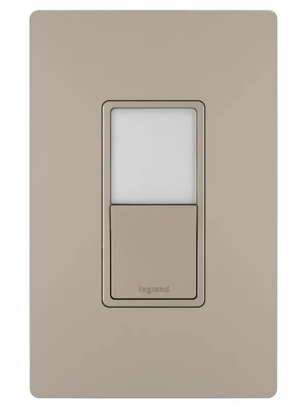 Add the convenience of a little extra light, wherever your home needs it, with this combination switch and built-in night light from the radiant Collection. Easily replacing an existing single-pole or 3-way switch, the night light portion has five adjustable light levels and uses a hidden sensor to turn on when it is dark, making it a great addition to bathrooms, kitchens and nurseries. Features the sleek, clean lines of radiant for a sophisticated touch.Made exclusively for use with screwless Wall Plates from the radiant Collection, sold separately. Collection: radiant Finish: Nickel Width: 1.29" Height: 4.20" Length: 1.30" Weight: 0.30 lb Country of Origin: China