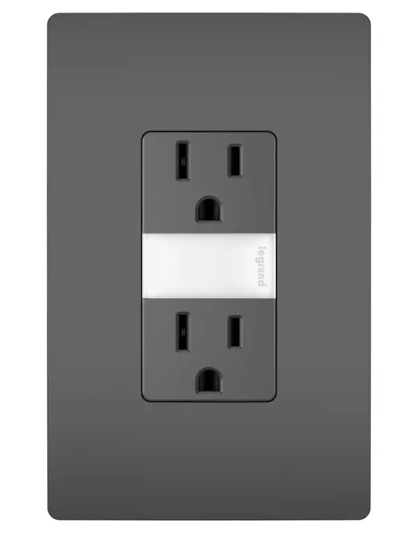 Perfect for adding a little light just where you need it, without sacrificing an outlet or dealing with unattractive plug-in models, this built-in night light from the radiant Collection comes combined with a tamper-resistant outlet. A great upgrade for hallways and kids' bedrooms, it installs easily in place of a standard outlet and automatically comes on in the dark. With five adjustable light levels, you can easily set its brightness to meet your preferences or needs. Features the sleek, clean lines of radiant for a sophisticated touch.Made exclusively for use with screwless Wall Plates from the radiant Collection, sold separately. Collection: radiant Finish: Black Width: 1.29" Height: 4.20" Length: 1.30" Weight: 0.28 lb Country of Origin: China