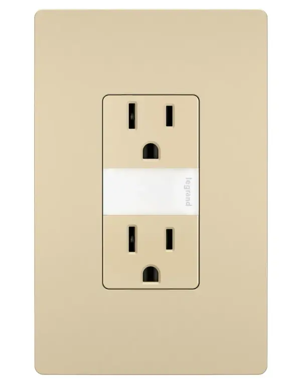 Perfect for adding a little light just where you need it, without sacrificing an outlet or dealing with unattractive plug-in models, this built-in night light from the radiant Collection comes combined with a tamper-resistant outlet. A great upgrade for hallways and kids' bedrooms, it installs easily in place of a standard outlet and automatically comes on in the dark. With five adjustable light levels, you can easily set its brightness to meet your preferences or needs. Features the sleek, clean lines of radiant for a sophisticated touch.Made exclusively for use with screwless Wall Plates from the radiant Collection, sold separately. Collection: radiant Finish: Ivory Width: 1.29" Height: 4.20" Length: 1.30" Weight: 0.28 lb Country of Origin: China