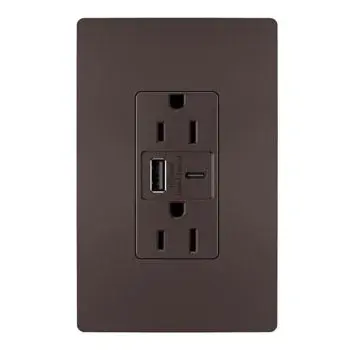 Charge phones, tablets and more up to 40% faster, with Ultra-Fast USB Outlets from the radiant Collection. With an industry-leading 27W of power supplying the included USB Type-A and USB Type-C connections, this outlet helps you get that full battery feeling with convenience and speed €" no bulky adapters needed. Easily replacing traditional outlets in as little as ten minutes, the Ultra-Fast updates your space with advanced functionality and the sleek, clean lines of radiant for a sophisticated look. Made exclusively for use with screwless Wall Plates from the radiant Collection, sold separately. Collection: radiant Finish: Dark Bronze Width: 1.69" Height: 4.18" Length: 1.35" Weight: 0.29 lb Country of Origin: Vietnam