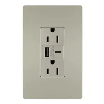 Charge phones, tablets and more up to 40% faster, with Ultra-Fast USB Outlets from the radiant Collection. With an industry-leading 27W of power supplying the included USB Type-A and USB Type-C connections, this outlet helps you get that full battery feeling with convenience and speed €" no bulky adapters needed. Easily replacing traditional outlets in as little as ten minutes, the Ultra-Fast updates your space with advanced functionality and the sleek, clean lines of radiant for a sophisticated look. Made exclusively for use with screwless Wall Plates from the radiant Collection, sold separately. Collection: radiant Finish: Nickel Width: 1.69" Height: 4.18" Length: 1.35" Weight: 0.29 lb Country of Origin: China