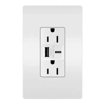 Charge phones, tablets and more up to 40% faster, with Ultra-Fast USB Outlets from the radiant Collection. With an industry-leading 27W of power supplying the included USB Type-A and USB Type-C connections, this outlet helps you get that full battery feeling with convenience and speed €" no bulky adapters needed. Easily replacing traditional outlets in as little as ten minutes, the Ultra-Fast updates your space with advanced functionality and the sleek, clean lines of radiant for a sophisticated look. Made exclusively for use with screwless Wall Plates from the radiant Collection, sold separately. Collection: radiant Finish: White Width: 1.69" Height: 4.18" Length: 1.35" Weight: 0.33 lb Country of Origin: Vietnam