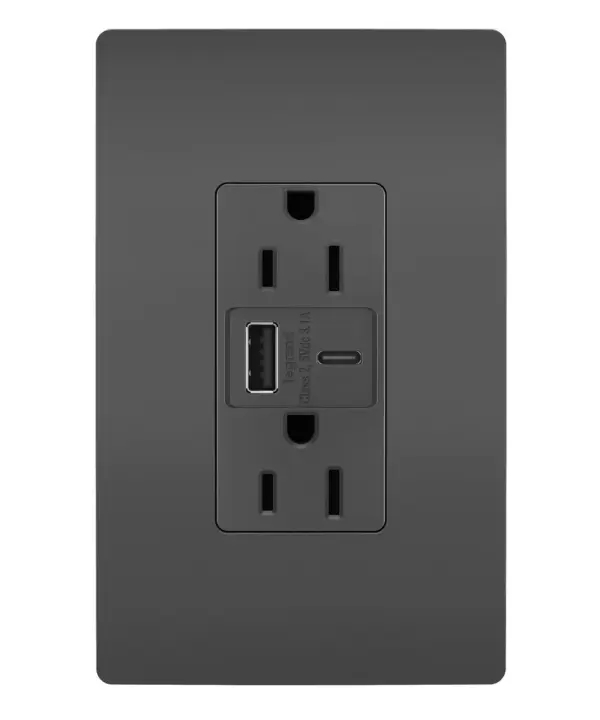 Make it easier to get a full battery for your smartphones, tablets and more with the convenience of built-in charging. A perfect charging solution for your current and future electronic devices, this tamper-resistant USB outlet features connections for USB Type-A and the newer USB Type-C. Easily replacing traditional outlets in as little as ten minutes, this outlet offers accessible charging without needing bulky adapters or sacrificing your plugs, and features the sleek, clean lines of radiant for a sophisticated look. Made exclusively for use with screwless Wall Plates from the radiant Collection, sold separately. Collection: radiant Finish: Black Width: 1.69" Height: 4.18" Length: 1.35" Weight: 0.33 lb Country of Origin: China