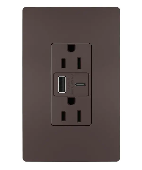 Make it easier to get a full battery for your smartphones, tablets and more with the convenience of built-in charging. A perfect charging solution for your current and future electronic devices, this tamper-resistant USB outlet features connections for USB Type-A and the newer USB Type-C. Easily replacing traditional outlets in as little as ten minutes, this outlet offers accessible charging without needing bulky adapters or sacrificing your plugs, and features the sleek, clean lines of radiant for a sophisticated look. Made exclusively for use with screwless Wall Plates from the radiant Collection, sold separately. Collection: radiant Finish: Dark Bronze Width: 1.69" Height: 4.18" Length: 1.35" Weight: 0.24 lb Country of Origin: China