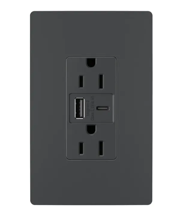 Make it easier to get a full battery for your smartphones, tablets and more with the convenience of built-in charging. A perfect charging solution for your current and future electronic devices, this tamper-resistant USB outlet features connections for USB Type-A and the newer USB Type-C. Easily replacing traditional outlets in as little as ten minutes, this outlet offers accessible charging without needing bulky adapters or sacrificing your plugs, and features the sleek, clean lines of radiant for a sophisticated look. Made exclusively for use with screwless Wall Plates from the radiant Collection, sold separately. Collection: radiant Finish: Graphite Width: 1.69" Height: 4.18" Length: 1.35" Weight: 0.33 lb Country of Origin: China