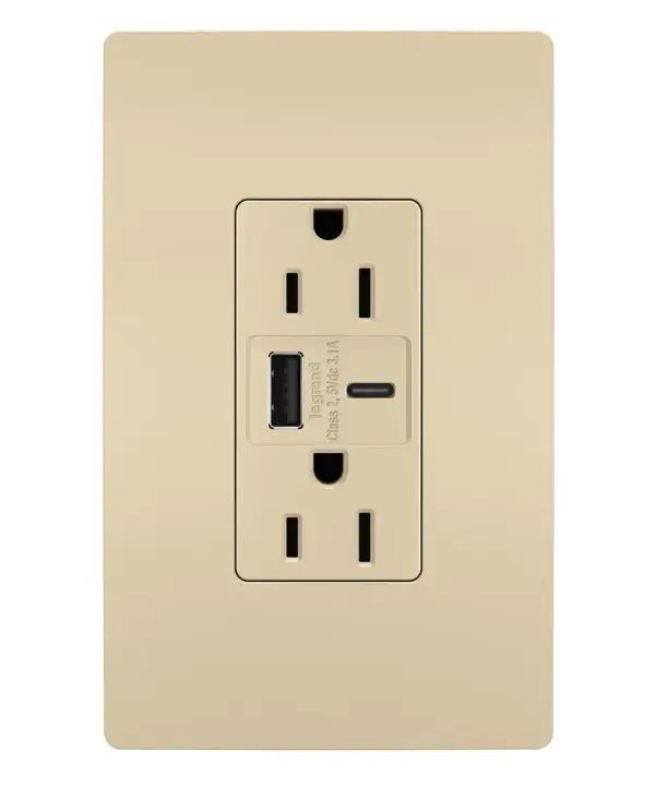 Make it easier to get a full battery for your smartphones, tablets and more with the convenience of built-in charging. A perfect charging solution for your current and future electronic devices, this tamper-resistant USB outlet features connections for USB Type-A and the newer USB Type-C. Easily replacing traditional outlets in as little as ten minutes, this outlet offers accessible charging without needing bulky adapters or sacrificing your plugs, and features the sleek, clean lines of radiant for a sophisticated look. Made exclusively for use with screwless Wall Plates from the radiant Collection, sold separately. Collection: radiant Finish: Ivory Width: 1.69" Height: 4.18" Length: 1.35" Weight: 0.33 lb Country of Origin: China