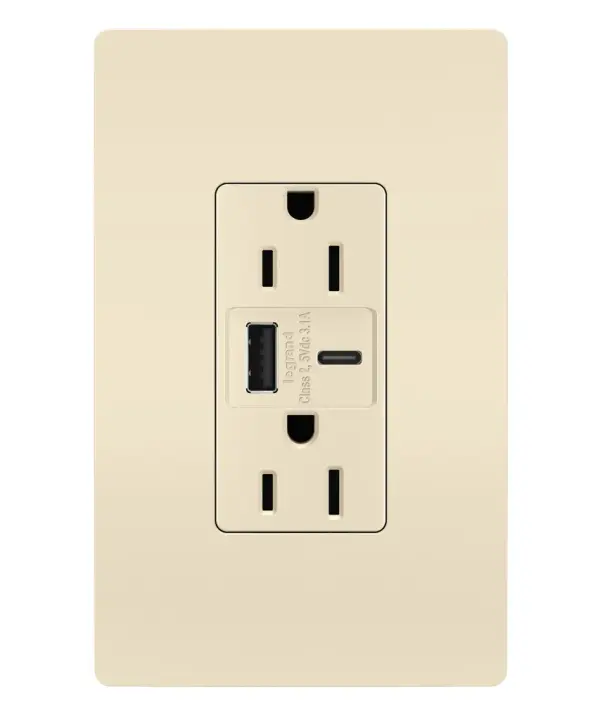 Make it easier to get a full battery for your smartphones, tablets and more with the convenience of built-in charging. A perfect charging solution for your current and future electronic devices, this tamper-resistant USB outlet features connections for USB Type-A and the newer USB Type-C. Easily replacing traditional outlets in as little as ten minutes, this outlet offers accessible charging without needing bulky adapters or sacrificing your plugs, and features the sleek, clean lines of radiant for a sophisticated look. Made exclusively for use with screwless Wall Plates from the radiant Collection, sold separately. Collection: radiant Finish: Light Almond Width: 1.69" Height: 4.18" Length: 1.35" Weight: 0.33 lb Country of Origin: China
