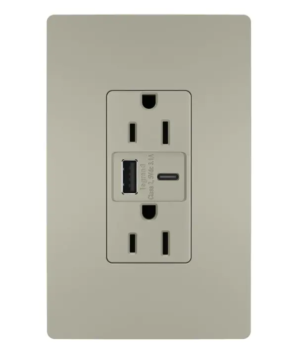 Make it easier to get a full battery for your smartphones, tablets and more with the convenience of built-in charging. A perfect charging solution for your current and future electronic devices, this tamper-resistant USB outlet features connections for USB Type-A and the newer USB Type-C. Easily replacing traditional outlets in as little as ten minutes, this outlet offers accessible charging without needing bulky adapters or sacrificing your plugs, and features the sleek, clean lines of radiant for a sophisticated look. Made exclusively for use with screwless Wall Plates from the radiant Collection, sold separately. Collection: radiant Finish: Nickel Width: 1.69" Height: 4.18" Length: 1.35" Weight: 0.24 lb Country of Origin: China