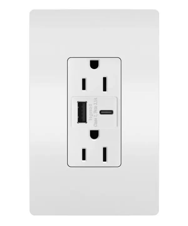 Make it easier to get a full battery for your smartphones, tablets and more with the convenience of built-in charging. A perfect charging solution for your current and future electronic devices, this tamper-resistant USB outlet features connections for USB Type-A and the newer USB Type-C. Easily replacing traditional outlets in as little as ten minutes, this outlet offers accessible charging without needing bulky adapters or sacrificing your plugs, and features the sleek, clean lines of radiant for a sophisticated look. Made exclusively for use with screwless Wall Plates from the radiant Collection, sold separately. Collection: radiant Finish: White Width: 1.69" Height: 4.18" Length: 1.35" Weight: 0.33 lb Country of Origin: Vietnam