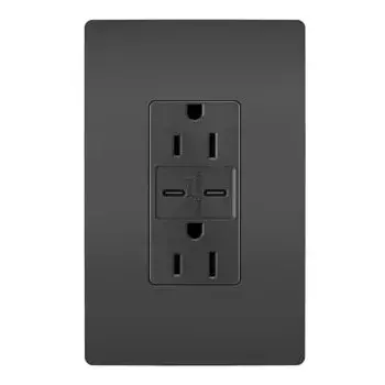 Charge phones, tablets and more up to 40% faster, with Ultra-Fast USB Outlets from the radiant Collection. With an industry-leading 30W of power supplying its two included USB Type-C connections, this outlet helps you get that full battery feeling with convenience and speed €" no bulky adapters needed. Easily replacing traditional outlets in as little as ten minutes, the Ultra-Fast updates your space with advanced functionality and the sleek, clean lines of radiant for a sophisticated look. Made exclusively for use with screwless Wall Plates from the radiant Collection, sold separately. Collection: radiant Finish: Black Width: 1.69" Height: 4.18" Length: 1.35" Weight: 0.33 lb Country of Origin: China