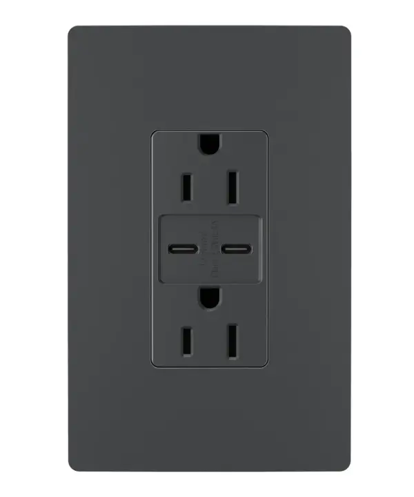 Charge phones, tablets and more up to 40% faster, with Ultra-Fast USB Outlets from the radiant Collection. With an industry-leading 30W of power supplying its two included USB Type-C connections, this outlet helps you get that full battery feeling with convenience and speed €" no bulky adapters needed. Easily replacing traditional outlets in as little as ten minutes, the Ultra-Fast updates your space with advanced functionality and the sleek, clean lines of radiant for a sophisticated look. Made exclusively for use with screwless Wall Plates from the radiant Collection, sold separately. Collection: radiant Finish: Graphite Width: 1.69" Height: 4.18" Length: 1.35" Weight: 0.33 lb Country of Origin: China