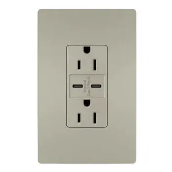 Charge phones, tablets and more up to 40% faster, with Ultra-Fast USB Outlets from the radiant Collection. With an industry-leading 30W of power supplying its two included USB Type-C connections, this outlet helps you get that full battery feeling with convenience and speed €" no bulky adapters needed. Easily replacing traditional outlets in as little as ten minutes, the Ultra-Fast updates your space with advanced functionality and the sleek, clean lines of radiant for a sophisticated look. Made exclusively for use with screwless Wall Plates from the radiant Collection, sold separately. Collection: radiant Finish: Nickel Width: 1.69" Height: 4.18" Length: 1.35" Weight: 0.29 lb Country of Origin: China
