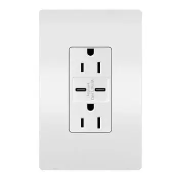 Charge phones, tablets and more up to 40% faster, with Ultra-Fast USB Outlets from the radiant Collection. With an industry-leading 30W of power supplying its two included USB Type-C connections, this outlet helps you get that full battery feeling with convenience and speed €" no bulky adapters needed. Easily replacing traditional outlets in as little as ten minutes, the Ultra-Fast updates your space with advanced functionality and the sleek, clean lines of radiant for a sophisticated look. Made exclusively for use with screwless Wall Plates from the radiant Collection, sold separately. Collection: radiant Finish: White Width: 1.69" Height: 4.18" Length: 1.35" Weight: 0.33 lb Country of Origin: China