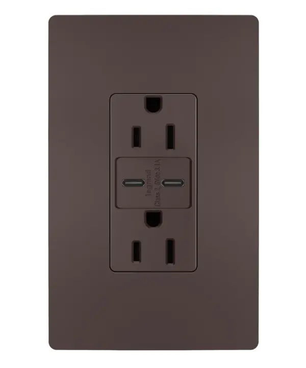 Get a full battery for your phones, tablets and more with the convenience of built-in charging. This tamper-resistant USB outlet features two USB Type-C connections to accommodate the latest mobile devices €" no bulky adapters needed. Easily replacing traditional outlets in as little as ten minutes, this outlet offers accessible charging without sacrificing your plugs, and features the sleek, clean lines of radiant for a sophisticated look. Made exclusively for use with screwless Wall Plates from the radiant Collection, sold separately. Collection: radiant Finish: Dark Bronze Width: 1.69" Height: 4.18" Length: 1.35" Weight: 0.24 lb Country of Origin: China