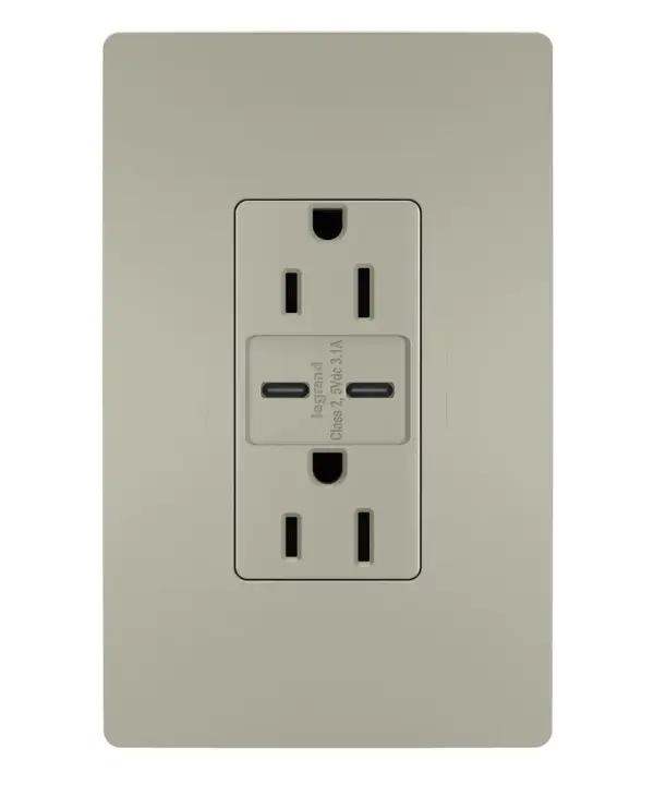Get a full battery for your phones, tablets and more with the convenience of built-in charging. This tamper-resistant USB outlet features two USB Type-C connections to accommodate the latest mobile devices €" no bulky adapters needed. Easily replacing traditional outlets in as little as ten minutes, this outlet offers accessible charging without sacrificing your plugs, and features the sleek, clean lines of radiant for a sophisticated look. Made exclusively for use with screwless Wall Plates from the radiant Collection, sold separately. Collection: radiant Finish: Nickel Width: 1.69" Height: 4.18" Length: 1.35" Weight: 0.24 lb Country of Origin: China