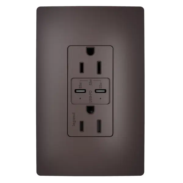Charge the latest smartphones, tablets and small laptops with the 65W USB Outlet featuring dual Type-C USB ports with Power Delivery. The result is a fast, long-lasting outlet for convenient in-wall charging, specially designed to safely and efficiently charge your devices. Easily replace a traditional outlet in as little as ten minutes to gain the modern functionality of intelligent charging for maximized speeds, complete with multi-layered overcurrent protection to keep the outlet and your devices safe from damage. An industry-exclusive charging indicator light tells you when your device is charging and when it's fully charged, for life on the go. Made exclusively for use with screwless Wall Plates from the radiant Collection, sold separately. Collection: radiant Finish: Brown Width: 2.99" Height: 1.94" Length: 1.52" Weight: 0.33 lb