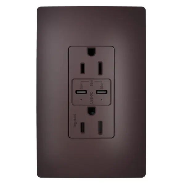 Charge the latest smartphones, tablets and small laptops with the 65W USB Outlet featuring dual Type-C USB ports with Power Delivery. The result is a fast, long-lasting outlet for convenient in-wall charging, specially designed to safely and efficiently charge your devices. Easily replace a traditional outlet in as little as ten minutes to gain the modern functionality of intelligent charging for maximized speeds, complete with multi-layered overcurrent protection to keep the outlet and your devices safe from damage. An industry-exclusive charging indicator light tells you when your device is charging and when it's fully charged, for life on the go. Made exclusively for use with screwless Wall Plates from the radiant Collection, sold separately. Collection: radiant Finish: Dark Bronze Width: 2.99" Height: 1.94" Length: 1.52" Weight: 0.33 lb