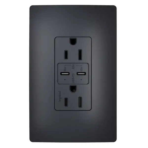 Charge the latest smartphones, tablets and small laptops with the 65W USB Outlet featuring dual Type-C USB ports with Power Delivery. The result is a fast, long-lasting outlet for convenient in-wall charging, specially designed to safely and efficiently charge your devices. Easily replace a traditional outlet in as little as ten minutes to gain the modern functionality of intelligent charging for maximized speeds, complete with multi-layered overcurrent protection to keep the outlet and your devices safe from damage. An industry-exclusive charging indicator light tells you when your device is charging and when it's fully charged, for life on the go. Made exclusively for use with screwless Wall Plates from the radiant Collection, sold separately. Collection: radiant Finish: Graphite Width: 2.99" Height: 1.94" Length: 1.52" Weight: 0.33 lb