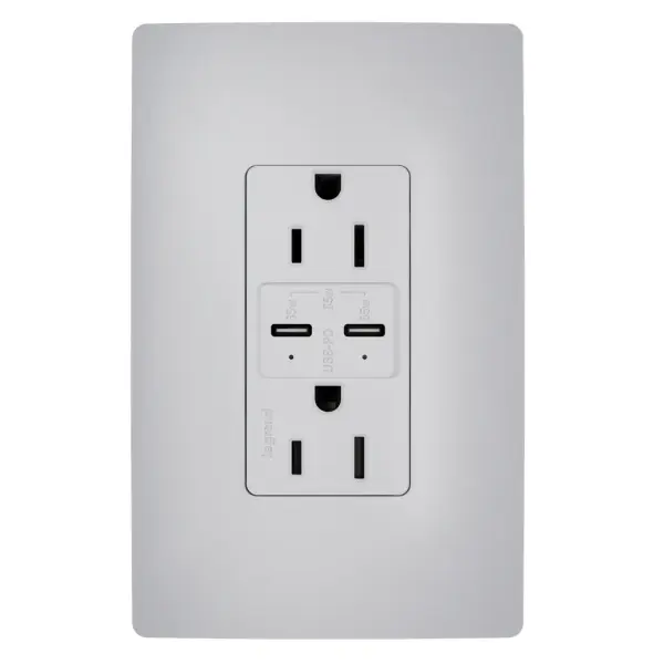 Charge the latest smartphones, tablets and small laptops with the 65W USB Outlet featuring dual Type-C USB ports with Power Delivery. The result is a fast, long-lasting outlet for convenient in-wall charging, specially designed to safely and efficiently charge your devices. Easily replace a traditional outlet in as little as ten minutes to gain the modern functionality of intelligent charging for maximized speeds, complete with multi-layered overcurrent protection to keep the outlet and your devices safe from damage. An industry-exclusive charging indicator light tells you when your device is charging and when it's fully charged, for life on the go. Made exclusively for use with screwless Wall Plates from the radiant Collection, sold separately. Collection: radiant Finish: Gray Width: 2.99" Height: 1.94" Length: 1.52" Weight: 0.33 lb