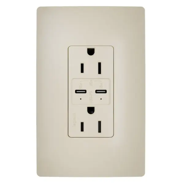 Charge the latest smartphones, tablets and small laptops with the 65W USB Outlet featuring dual Type-C USB ports with Power Delivery. The result is a fast, long-lasting outlet for convenient in-wall charging, specially designed to safely and efficiently charge your devices. Easily replace a traditional outlet in as little as ten minutes to gain the modern functionality of intelligent charging for maximized speeds, complete with multi-layered overcurrent protection to keep the outlet and your devices safe from damage. An industry-exclusive charging indicator light tells you when your device is charging and when it's fully charged, for life on the go. Made exclusively for use with screwless Wall Plates from the radiant Collection, sold separately. Collection: radiant Finish: Ivory Width: 2.99" Height: 1.94" Length: 1.52" Weight: 0.33 lb