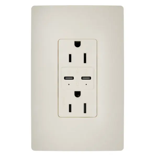Charge the latest smartphones, tablets and small laptops with the 65W USB Outlet featuring dual Type-C USB ports with Power Delivery. The result is a fast, long-lasting outlet for convenient in-wall charging, specially designed to safely and efficiently charge your devices. Easily replace a traditional outlet in as little as ten minutes to gain the modern functionality of intelligent charging for maximized speeds, complete with multi-layered overcurrent protection to keep the outlet and your devices safe from damage. An industry-exclusive charging indicator light tells you when your device is charging and when it's fully charged, for life on the go. Made exclusively for use with screwless Wall Plates from the radiant Collection, sold separately. Collection: radiant Finish: Light Almond Width: 2.99" Height: 1.94" Length: 1.52" Weight: 0.33 lb
