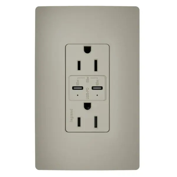 Charge the latest smartphones, tablets and small laptops with the 65W USB Outlet featuring dual Type-C USB ports with Power Delivery. The result is a fast, long-lasting outlet for convenient in-wall charging, specially designed to safely and efficiently charge your devices. Easily replace a traditional outlet in as little as ten minutes to gain the modern functionality of intelligent charging for maximized speeds, complete with multi-layered overcurrent protection to keep the outlet and your devices safe from damage. An industry-exclusive charging indicator light tells you when your device is charging and when it's fully charged, for life on the go. Made exclusively for use with screwless Wall Plates from the radiant Collection, sold separately. Collection: radiant Finish: Nickel Width: 2.99" Height: 1.94" Length: 1.52" Weight: 0.33 lb