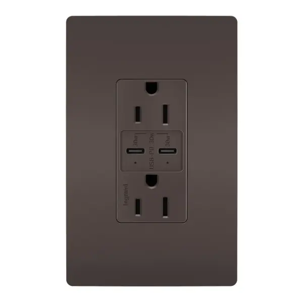 Charge devices up to 2X faster with the Ultra-Fast PLUS Power Delivery USB Outlet. Made to deliver a leading 30 Watts of power and featuring two built-in Type-C USB connections, this solution adds advanced Power Delivery to the industry-leading amperage of our Ultra-Fast line. The result is a faster, future-proof option for convenient in-wall charging, specially designed to optimize performance for your Power Delivery-enabled devices. Easily replace a traditional outlet in as little as ten minutes to gain the modern functionality of intelligent charging for maximized speeds, complete with multi-layered overcurrent protection to keep the outlet and your devices safe from damage. Made exclusively for use with screwless Wall Plates from the radiant Collection, sold separately. Collection: radiant Finish: Brown Width: 1.69" Height: 4.18" Length: 1.35" Weight: 0.30 lb Country of Origin: China