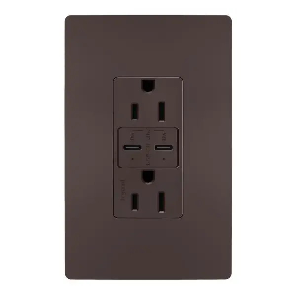 Charge devices up to 2X faster with the Ultra-Fast PLUS Power Delivery USB Outlet. Made to deliver a leading 30 Watts of power and featuring two built-in Type-C USB connections, this solution adds advanced Power Delivery to the industry-leading amperage of our Ultra-Fast line. The result is a faster, future-proof option for convenient in-wall charging, specially designed to optimize performance for your Power Delivery-enabled devices. Easily replace a traditional outlet in as little as ten minutes to gain the modern functionality of intelligent charging for maximized speeds, complete with multi-layered overcurrent protection to keep the outlet and your devices safe from damage. Made exclusively for use with screwless Wall Plates from the radiant Collection, sold separately. Collection: radiant Finish: Dark Bronze Width: 1.69" Height: 4.18" Length: 1.35" Weight: 0.30 lb Country of Origin: China