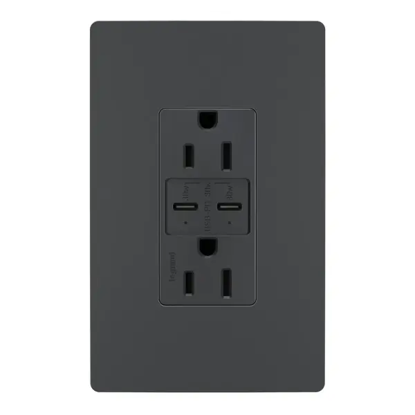 Charge devices up to 2X faster with the Ultra-Fast PLUS Power Delivery USB Outlet. Made to deliver a leading 30 Watts of power and featuring two built-in Type-C USB connections, this solution adds advanced Power Delivery to the industry-leading amperage of our Ultra-Fast line. The result is a faster, future-proof option for convenient in-wall charging, specially designed to optimize performance for your Power Delivery-enabled devices. Easily replace a traditional outlet in as little as ten minutes to gain the modern functionality of intelligent charging for maximized speeds, complete with multi-layered overcurrent protection to keep the outlet and your devices safe from damage. Made exclusively for use with screwless Wall Plates from the radiant Collection, sold separately. Collection: radiant Finish: Graphite Width: 1.69" Height: 4.18" Length: 1.35" Weight: 0.30 lb Country of Origin: China