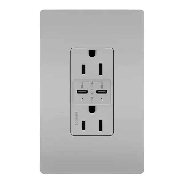 Charge devices up to 2X faster with the Ultra-Fast PLUS Power Delivery USB Outlet. Made to deliver a leading 30 Watts of power and featuring two built-in Type-C USB connections, this solution adds advanced Power Delivery to the industry-leading amperage of our Ultra-Fast line. The result is a faster, future-proof option for convenient in-wall charging, specially designed to optimize performance for your Power Delivery-enabled devices. Easily replace a traditional outlet in as little as ten minutes to gain the modern functionality of intelligent charging for maximized speeds, complete with multi-layered overcurrent protection to keep the outlet and your devices safe from damage. Made exclusively for use with screwless Wall Plates from the radiant Collection, sold separately. Collection: radiant Finish: Gray Width: 1.69" Height: 4.18" Length: 1.35" Weight: 0.33 lb Country of Origin: China
