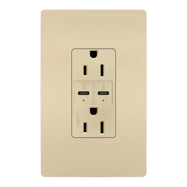 Charge devices up to 2X faster with the Ultra-Fast PLUS Power Delivery USB Outlet. Made to deliver a leading 30 Watts of power and featuring two built-in Type-C USB connections, this solution adds advanced Power Delivery to the industry-leading amperage of our Ultra-Fast line. The result is a faster, future-proof option for convenient in-wall charging, specially designed to optimize performance for your Power Delivery-enabled devices. Easily replace a traditional outlet in as little as ten minutes to gain the modern functionality of intelligent charging for maximized speeds, complete with multi-layered overcurrent protection to keep the outlet and your devices safe from damage. Made exclusively for use with screwless Wall Plates from the radiant Collection, sold separately. Collection: radiant Finish: Ivory Width: 1.69" Height: 4.18" Length: 1.35" Weight: 0.33 lb Country of Origin: China