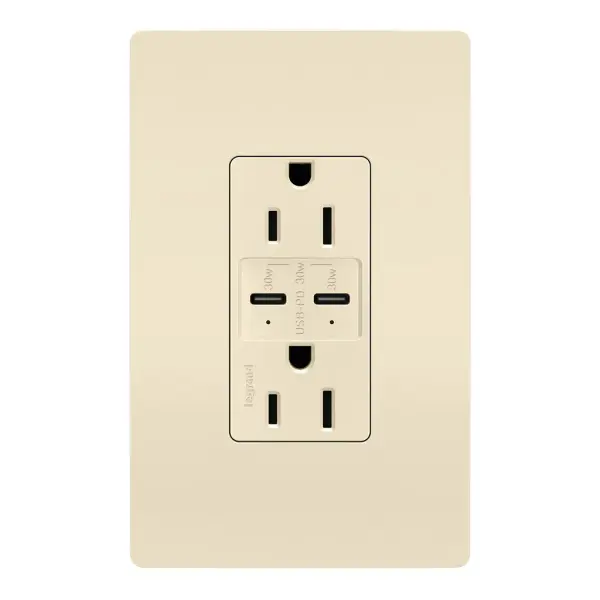 Charge devices up to 2X faster with the Ultra-Fast PLUS Power Delivery USB Outlet. Made to deliver a leading 30 Watts of power and featuring two built-in Type-C USB connections, this solution adds advanced Power Delivery to the industry-leading amperage of our Ultra-Fast line. The result is a faster, future-proof option for convenient in-wall charging, specially designed to optimize performance for your Power Delivery-enabled devices. Easily replace a traditional outlet in as little as ten minutes to gain the modern functionality of intelligent charging for maximized speeds, complete with multi-layered overcurrent protection to keep the outlet and your devices safe from damage. Made exclusively for use with screwless Wall Plates from the radiant Collection, sold separately. Collection: radiant Finish: Light Almond Width: 1.69" Height: 4.18" Length: 1.35" Weight: 0.33 lb Country of Origin: China