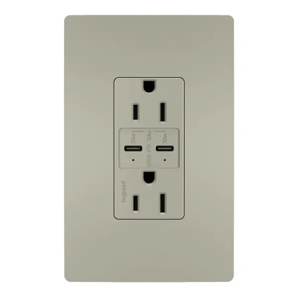 Charge devices up to 2X faster with the Ultra-Fast PLUS Power Delivery USB Outlet. Made to deliver a leading 30 Watts of power and featuring two built-in Type-C USB connections, this solution adds advanced Power Delivery to the industry-leading amperage of our Ultra-Fast line. The result is a faster, future-proof option for convenient in-wall charging, specially designed to optimize performance for your Power Delivery-enabled devices. Easily replace a traditional outlet in as little as ten minutes to gain the modern functionality of intelligent charging for maximized speeds, complete with multi-layered overcurrent protection to keep the outlet and your devices safe from damage. Made exclusively for use with screwless Wall Plates from the radiant Collection, sold separately. Collection: radiant Finish: Nickel Width: 1.69" Height: 4.18" Length: 1.35" Weight: 0.30 lb Country of Origin: China