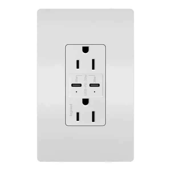 Charge devices up to 2X faster with the Ultra-Fast PLUS Power Delivery USB Outlet. Made to deliver a leading 30 Watts of power and featuring two built-in Type-C USB connections, this solution adds advanced Power Delivery to the industry-leading amperage of our Ultra-Fast line. The result is a faster, future-proof option for convenient in-wall charging, specially designed to optimize performance for your Power Delivery-enabled devices. Easily replace a traditional outlet in as little as ten minutes to gain the modern functionality of intelligent charging for maximized speeds, complete with multi-layered overcurrent protection to keep the outlet and your devices safe from damage. Made exclusively for use with screwless Wall Plates from the radiant Collection, sold separately. Collection: radiant Finish: White Width: 1.69" Height: 4.18" Length: 1.35" Weight: 0.33 lb Country of Origin: China